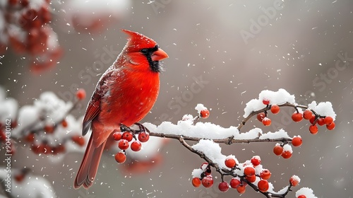 A red cardinal perched on a branch covered in snow