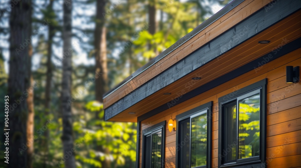 The photograph highlights the captivating design and intricate details of a tiny house set amidst a vibrant, wooded landscape The photograph highlights the captivating design and intricate details of a tiny house set amidst a vibrant, wooded landscape