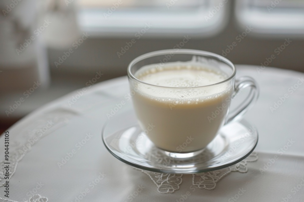 A glass cup filled with fresh milk placed on a table with a delicate lace tablecloth, creating a cozy and inviting scene. A glass cup filled with fresh milk placed on a table with a delicate lace tablecloth, creating a cozy and inviting scene.