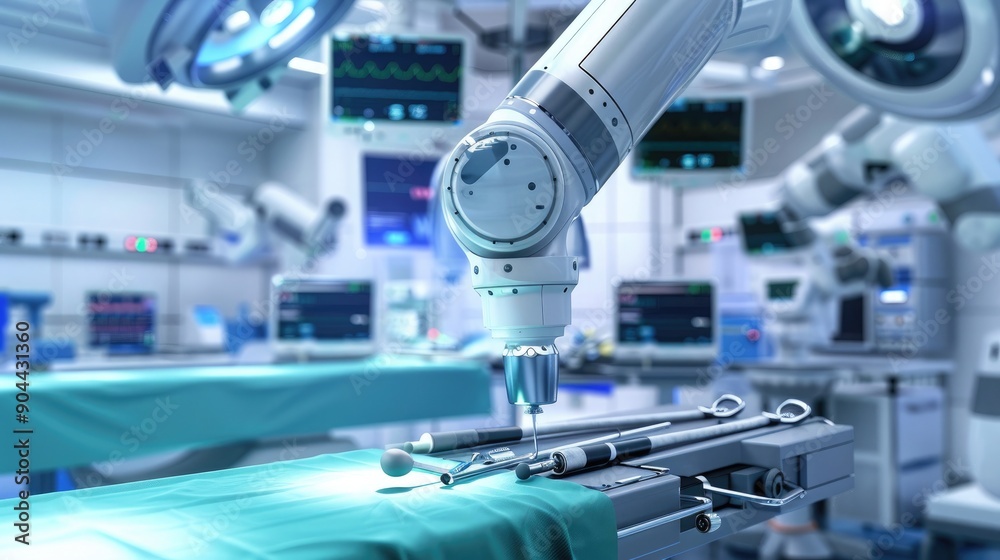 A sterile surgical environment with robotic equipment in focus, ready for a procedure, with a backdrop of advanced medical technology.