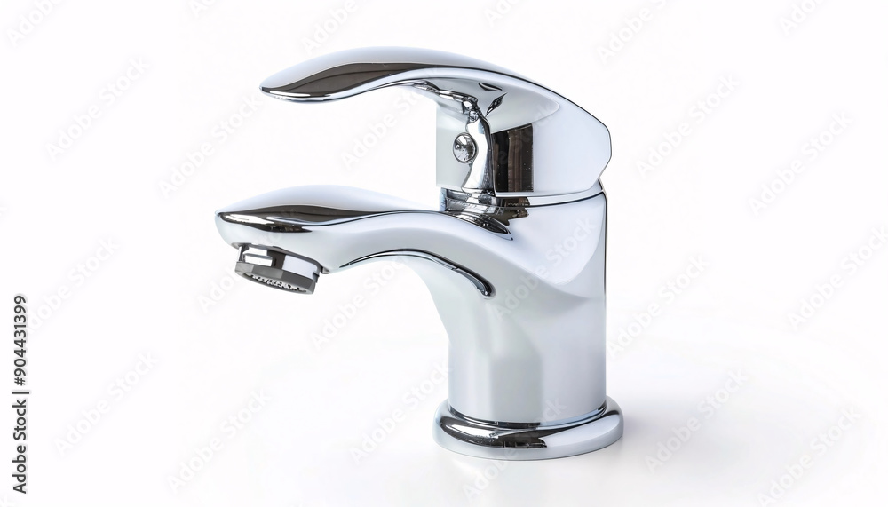 A shiny chrome bathroom faucet with a modern design on a white background A shiny chrome bathroom faucet with a modern design on a white background