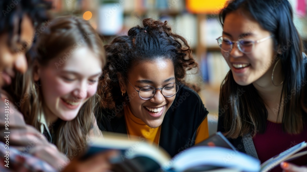 Obraz premium A group of friends joyfully discusses and shares insights while reading different books in a warm, inviting indoor space