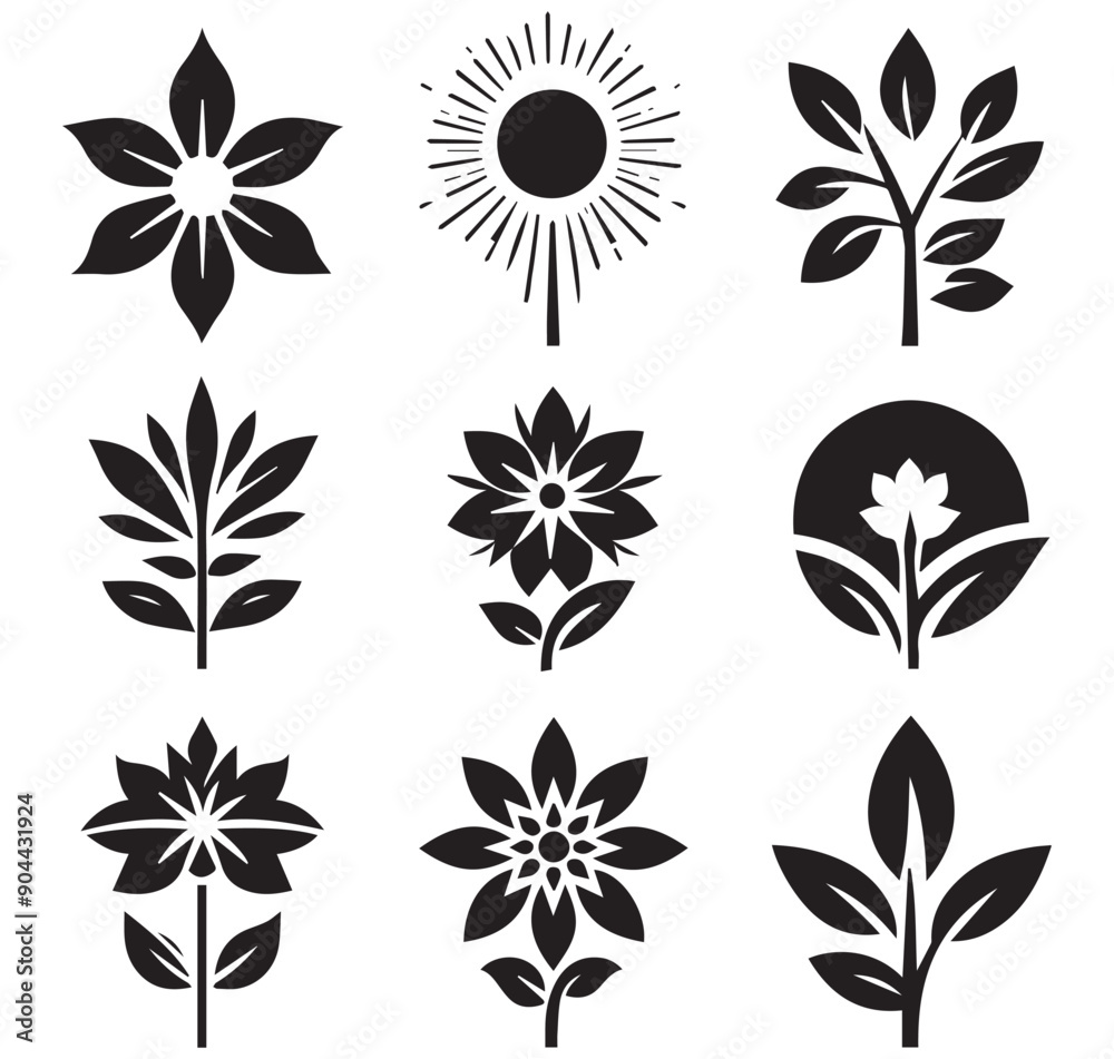 Flower and leafs icon set , Abstract botanical flower icon.vector botany floral design. Flower and leafs icon set , Abstract botanical flower icon.vector botany floral design.