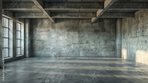 An empty industrial space with concrete walls, a concrete floor, and a window. The space is illuminated by natural light streaming through the window, creating a sense of vastness and possibility. The