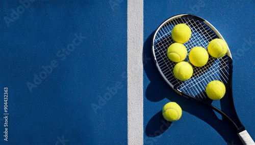 sport composition with yellow tennis balls and racket on a blue background