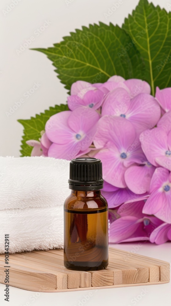 A tranquil arrangement of essential oil, soft towels, and daisies enhances a calming spa atmosphere