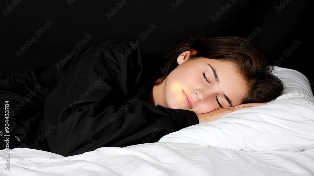 A young woman enjoys a restful sleep, nestled comfortably on her pillow in a softly lit bedroom atmosphere A young woman enjoys a restful sleep, nestled comfortably on her pillow in a softly lit bedroom atmosphere