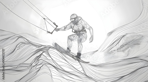 One continuous line drawing of a kitesurfer riding the waves vector minimalist art