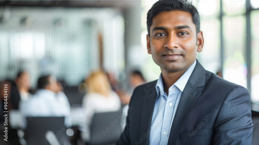 A confident executive poses in a tailored suit, showcasing professionalism in a modern office bustling with colleagues during a productive daytime meeting A confident executive poses in a tailored suit, showcasing professionalism in a modern office bustling with colleagues during a productive daytime meeting