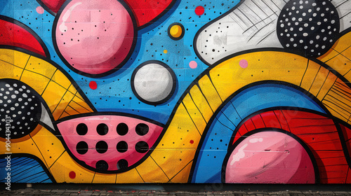 A colorful abstract street art mural featuring various shapes and vibrant hues on a brick wall, symbolizing urban creativity and artistic expression. Background is a street with a pavement in the fore photo