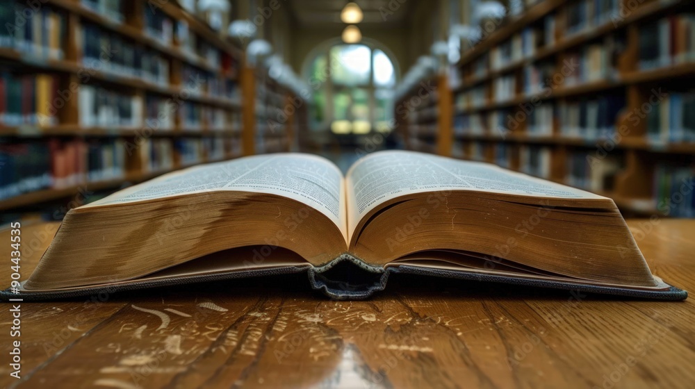 An open book is placed on the table, with a blurred background of library shelves. An open book is placed on the table, with a blurred background of library shelves.
