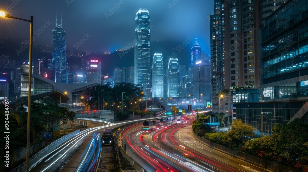 Fast-moving cars create light trails along a bustling city street as tall buildings illuminate the night sky in a vibrant urban setting Fast-moving cars create light trails along a bustling city street as tall buildings illuminate the night sky in a vibrant urban setting