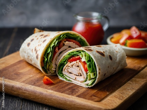 Delicious Californian turkey wrap presented on a wood board. Mouthwatering turkey wrap on wooden board