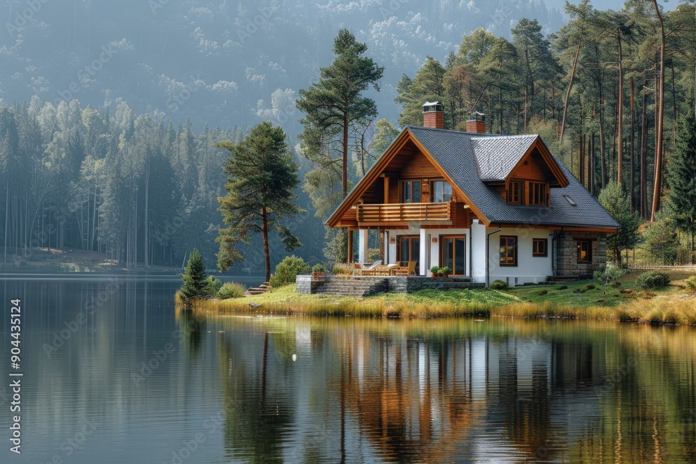 Fototapeta premium Beautiful summer house with terrace, lake and pine forest in the background.