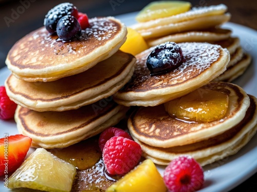 Delicious and homemade mini pancakes as a sweet perfect snack Poffertjes with fruits as sweet breakfast. Fruity Poffertjes: A delightful snack