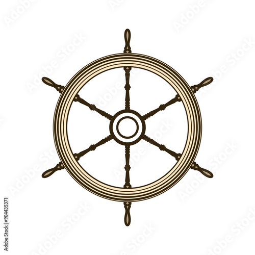 Wooden vintage steering wheels. Ship, sailboat or yacht retro wheel symbol. Nautical rudder icon. Marine logotype design element. Vector illustration