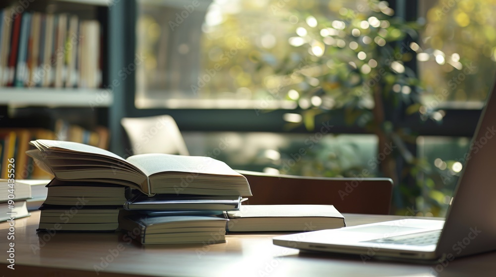 A neat desk in a library workspace features a stack of open books beside a laptop, bathed in bright natural light from the windows A neat desk in a library workspace features a stack of open books beside a laptop, bathed in bright natural light from the windows