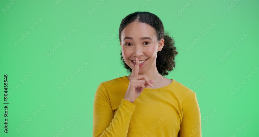 Girl, shh and finger on lips on green screen for silence, quiet and whisper in studio with smile or happy. Female person, hand and mouth gesture for noise, loud and hush sign with secret or privacy Girl, shh and finger on lips on green screen for silence, quiet and whisper in studio with smile or happy. Female person, hand and mouth gesture for noise, loud and hush sign with secret or privacy