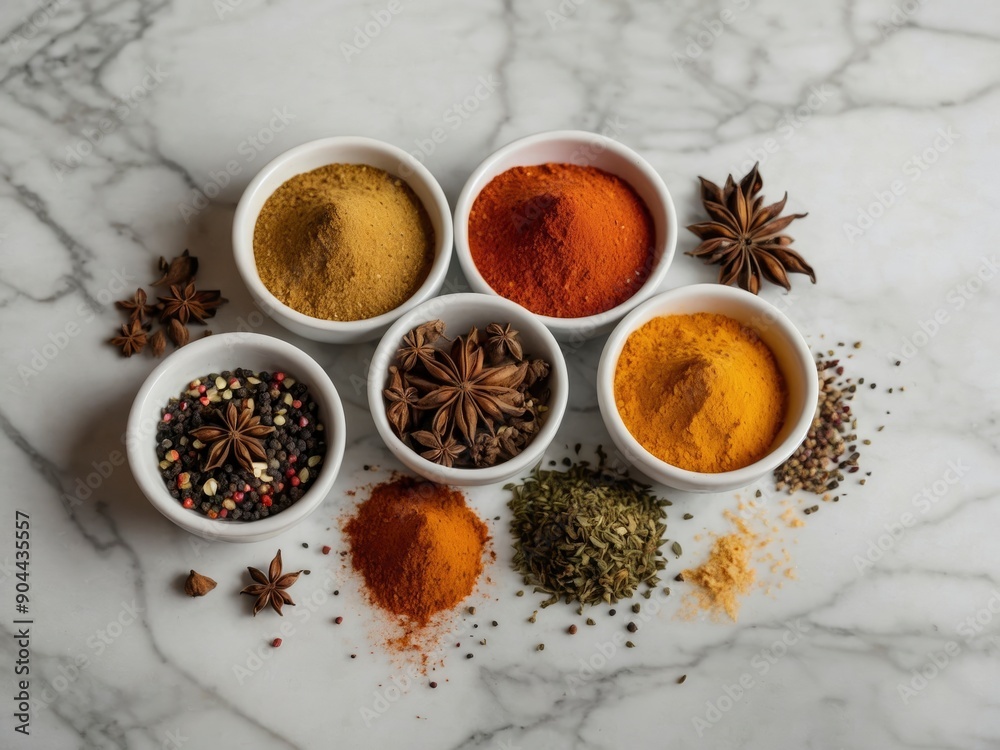 Bright aromatic set of spices on white marble table top view - culinary aromatic spice set with a variety of bright and aromatic ingredients. Aromatic spices on white marble surface Bright aromatic set of spices on white marble table top view - culinary aromatic spice set with a variety of bright and aromatic ingredients. Aromatic spices on white marble surface