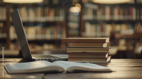 A well-organized library workspace displays an open book, a stack of books, and a laptop, inviting an engaging study experience photo