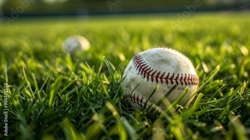 A closeup view of a classic baseball resting on lush green grass, making it ideal for any sportsthemed content photo