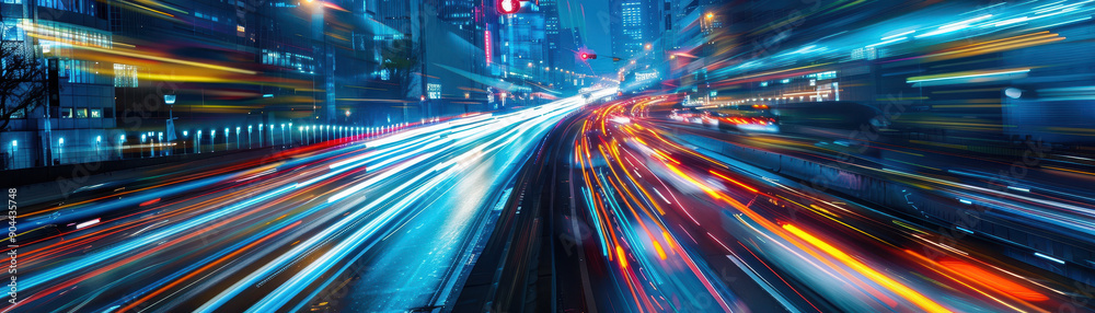 A busy highway with cars and a city skyline in the background. The image captures the hustle and bustle of city life, with cars zooming past each other on the highway A busy highway with cars and a city skyline in the background. The image captures the hustle and bustle of city life, with cars zooming past each other on the highway