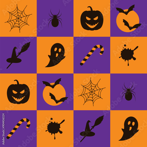 Halloween mosaic seamless pattern. Square geometric pattern with creepy elements. photo