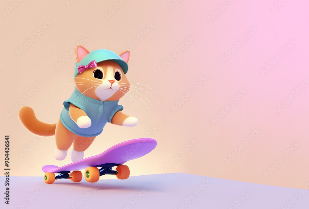 Fototapeta premium Cute Little Girl Cat Skateboarding