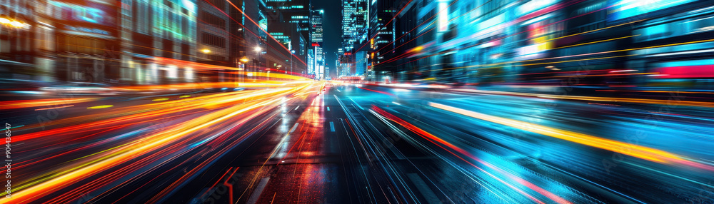 A busy highway with cars and a city skyline in the background. The image captures the hustle and bustle of city life, with cars zooming past each other on the highway A busy highway with cars and a city skyline in the background. The image captures the hustle and bustle of city life, with cars zooming past each other on the highway