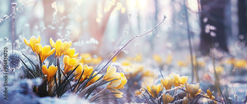 açafrões flor amarela em um dia ensolarado de primavera ao ar livre belas prímulas fundo de floresta de inverno photo