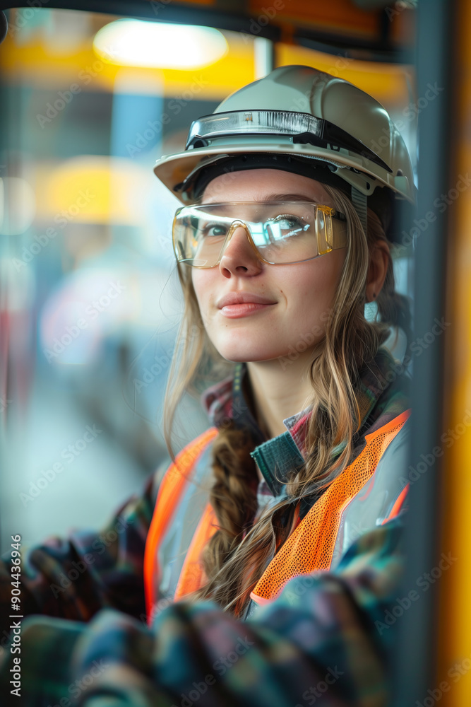 Caucasian female employee driving a forklift in a factory. Caucasian female employee driving a forklift in a factory.