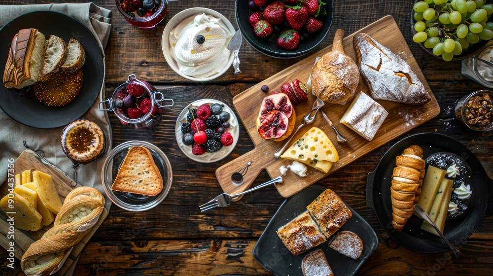 A delightful assortment of pastries, cheeses, and fresh fruits creates a stunning gourmet brunch on a polished wooden table A delightful assortment of pastries, cheeses, and fresh fruits creates a stunning gourmet brunch on a polished wooden table