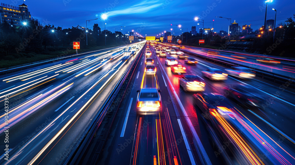 A busy highway with cars and a city skyline in the background. The image captures the hustle and bustle of city life, with cars zooming past each other on the highway A busy highway with cars and a city skyline in the background. The image captures the hustle and bustle of city life, with cars zooming past each other on the highway