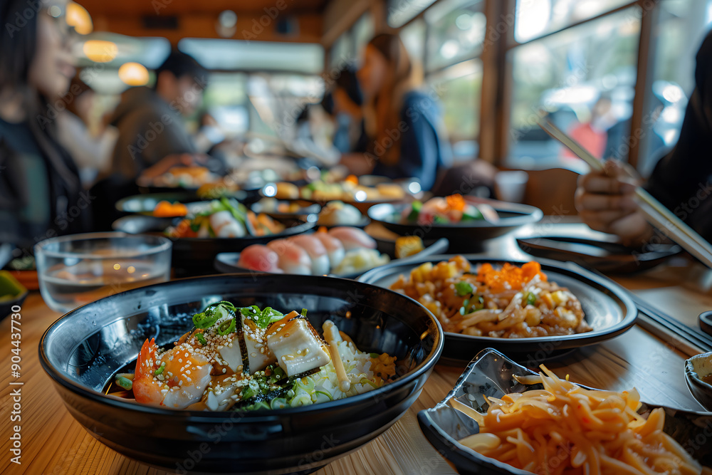 A table in Japan full of Japanese food of all kinds and some friends eating A table in Japan full of Japanese food of all kinds and some friends eating