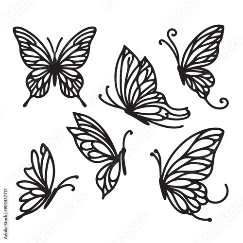 single line  black Flying butterflies silhouette black set isolated on transparent