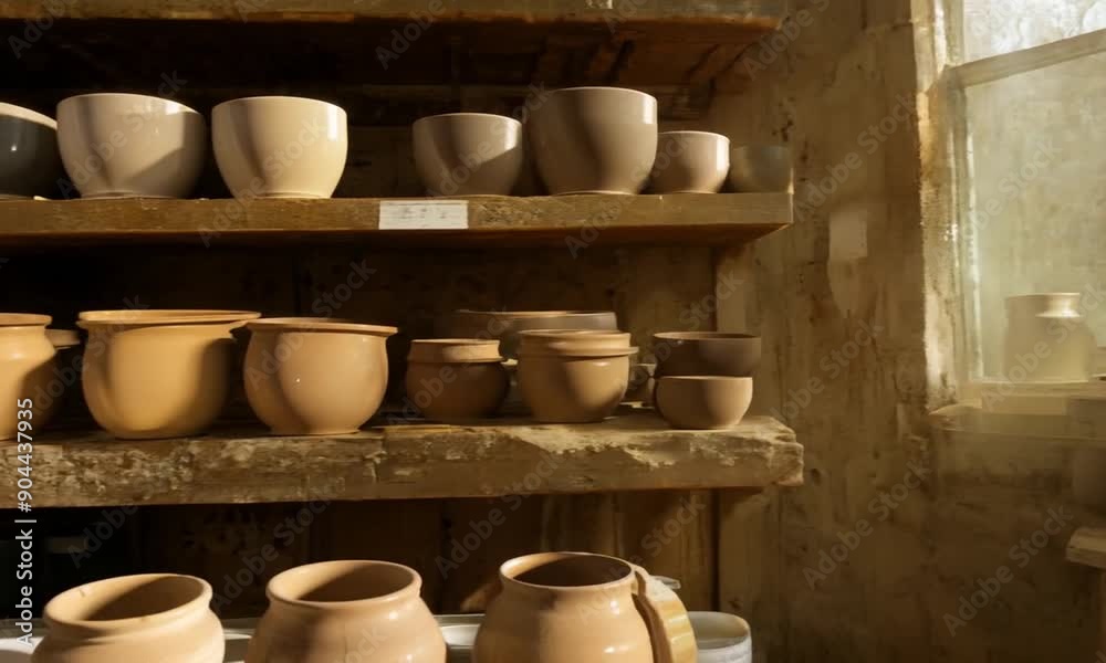 Artistic pottery studio with handcrafted ceramics, dusty shelves, and natural light filtering in. Wide angle shot, cinematic style. Artistic pottery studio with handcrafted ceramics, dusty shelves, and natural light filtering in. Wide angle shot, cinematic style.