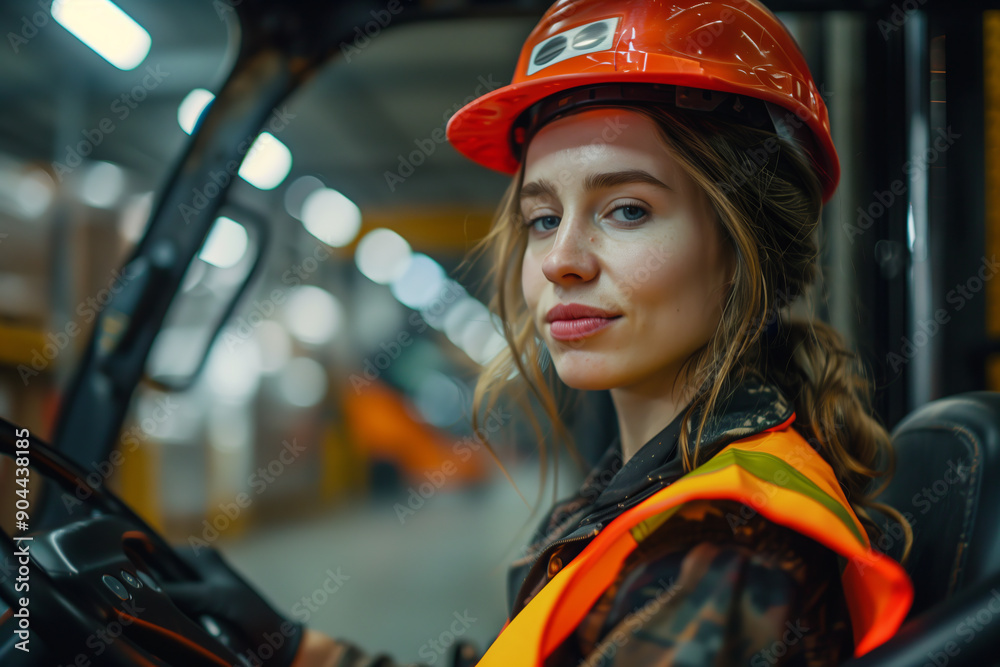 Caucasian female employee driving a forklift in a factory. Caucasian female employee driving a forklift in a factory.