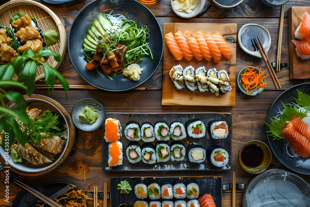 A table in Japan full of Japanese food of all kinds and some friends eating A table in Japan full of Japanese food of all kinds and some friends eating