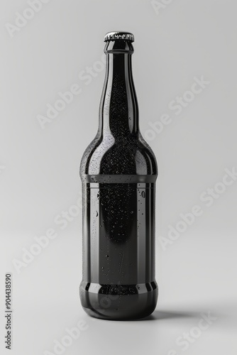 A sleek black beer bottle isolated on a grey background, showcasing condensation and minimalistic design for product mockup and branding, Generative Ai photo