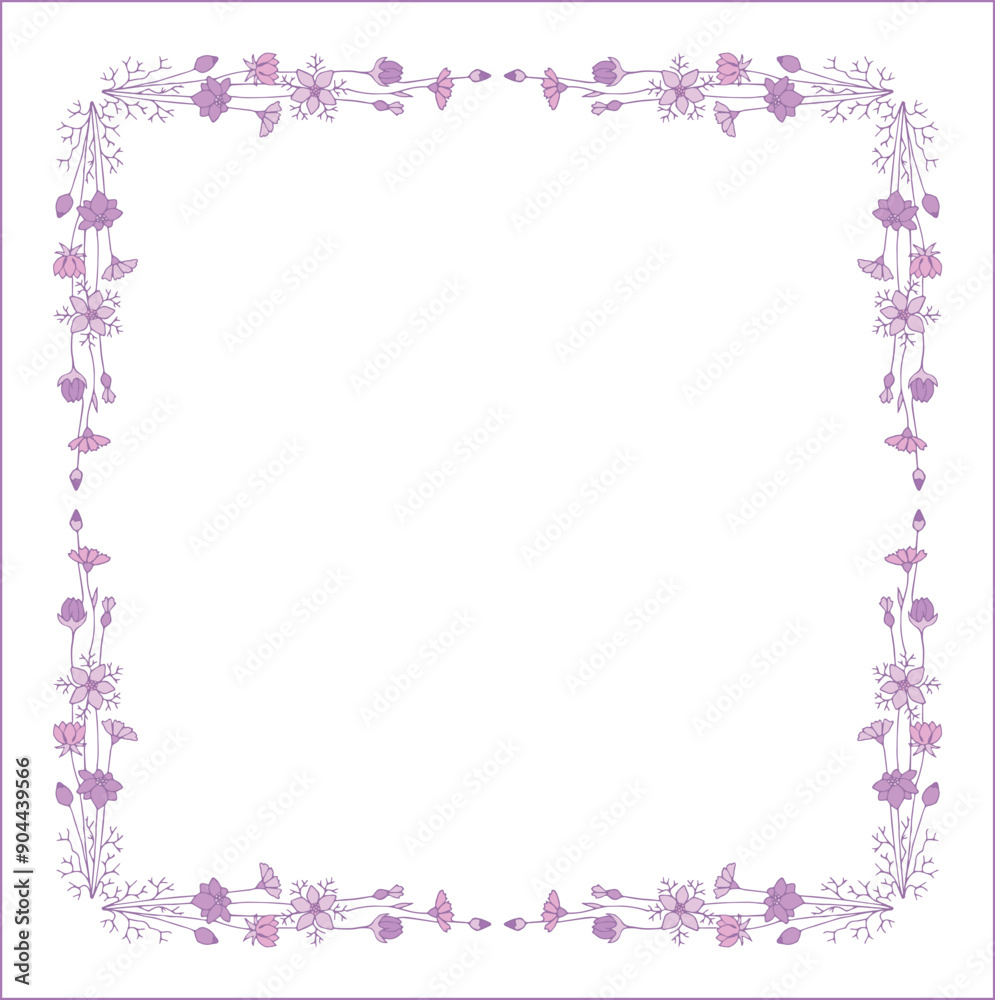 Elegant purple and blue vegetal ornamental frame with purple flowers, decorative border, corners for greeting cards, banners, business cards, invitations, menus. Isolated vector illustration.
Elegant purple and blue vegetal ornamental frame with purple flowers, decorative border, corners for greeting cards, banners, business cards, invitations, menus. Isolated vector illustration.
