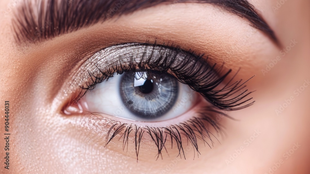 Obraz premium Close up woman eye with long eyelashes on white background.