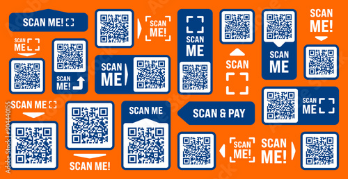 Scan me QR code sticker with text. Online payment. Special offer sale stickers, shopping discount label, promotional badge. Product serial number. Supermarket retail price tag. Vector illustration