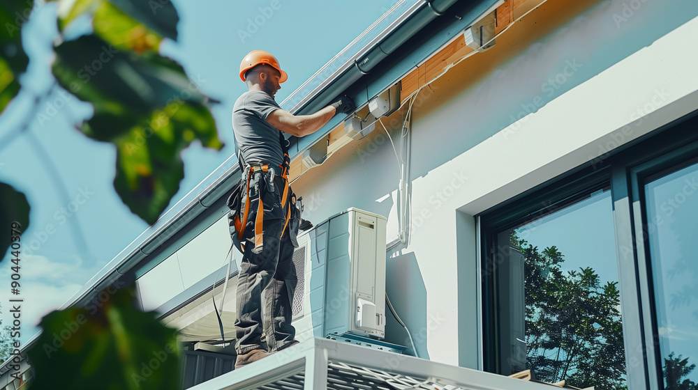 Hvac technician wearing a safety harness installing a modern heat pump unit next to a roof equipped with solar panels on a newly built residential home for sustainable climate control