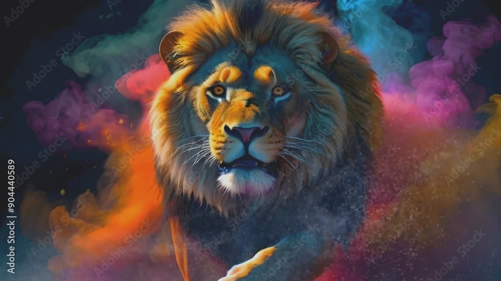 a male lion on a dark background with a colorful smoke effect a male lion on a dark background with a colorful smoke effect