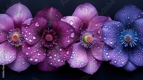   A field of vibrant purple and blue blossoms, dotted with droplets of water, against a dark canvas with ample room for inscription photo