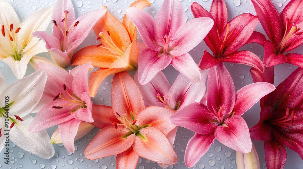 A cluster of vibrant pink and white blossoms rests gracefully on a cerulean table with cascading water droplets A cluster of vibrant pink and white blossoms rests gracefully on a cerulean table with cascading water droplets