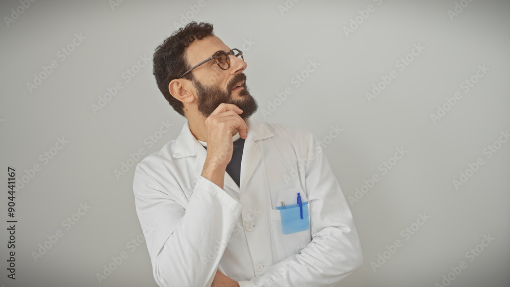 Pensive bearded man in lab coat with glasses against white background looks upward in thought. Pensive bearded man in lab coat with glasses against white background looks upward in thought.
