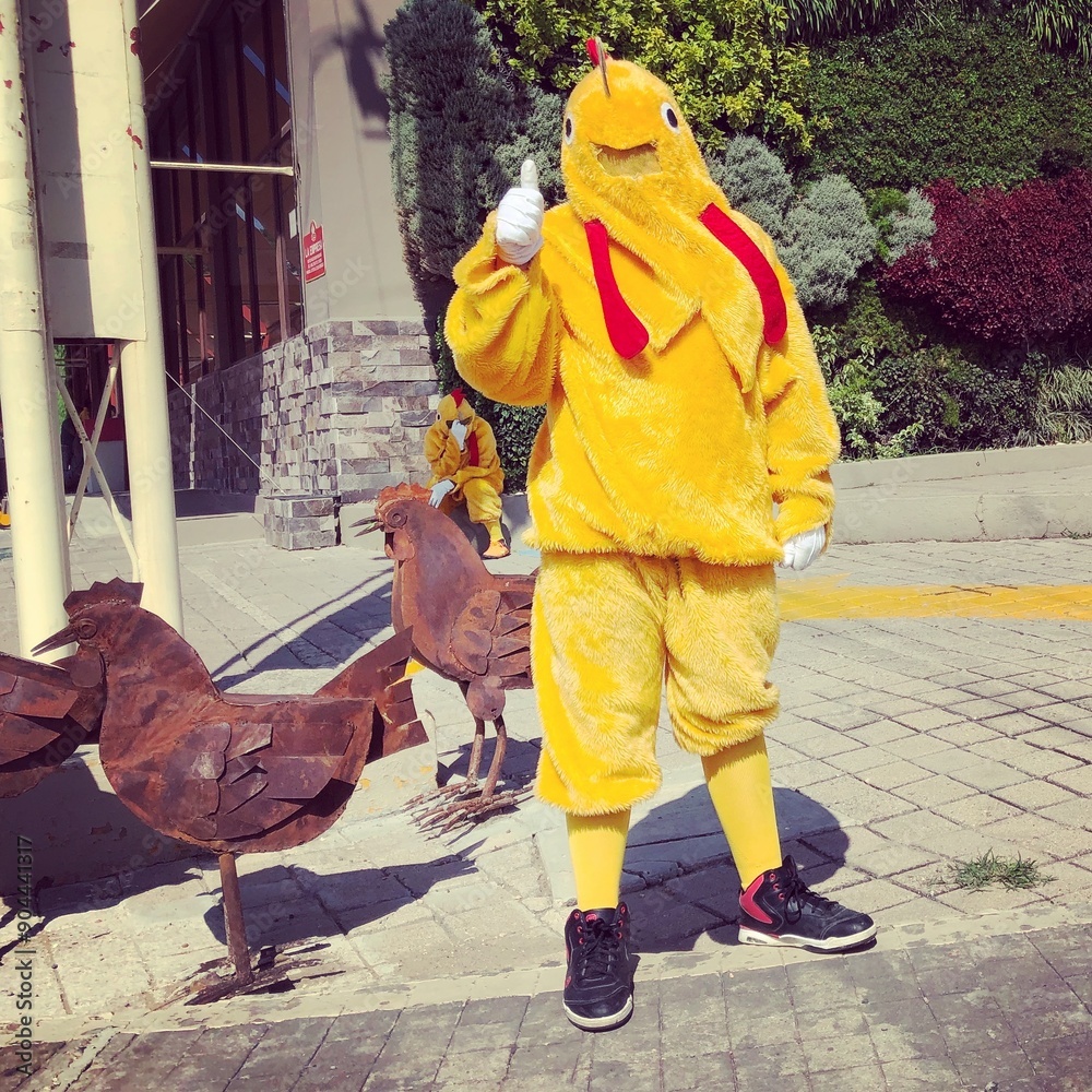 Naklejka premium Man in yellow chicken suit giving the thumbs up sign in San Miguel de Allende, Mexico