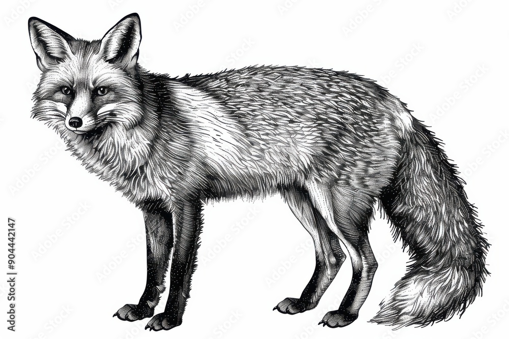 Intricate Hand-Drawn Fox Engraving: Black and White Ink Sketch Intricate Hand-Drawn Fox Engraving: Black and White Ink Sketch