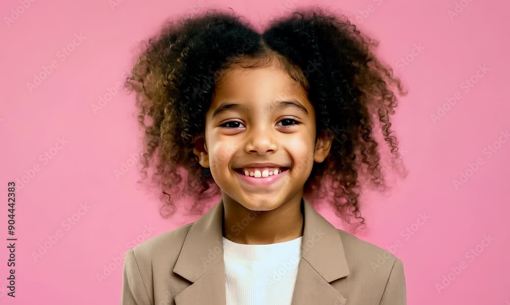 Close up portrait of pretty little african american girl with curly hair, wearing beige suit, looking at camera and smiling, isolated over pink background Close up portrait of pretty little african american girl with curly hair, wearing beige suit, looking at camera and smiling, isolated over pink background
